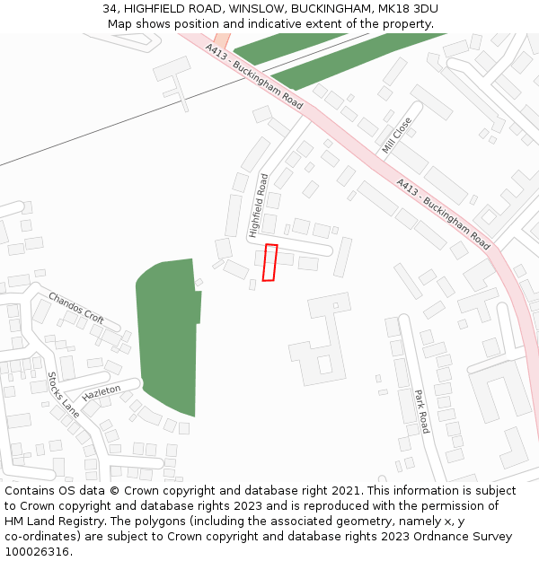 34, HIGHFIELD ROAD, WINSLOW, BUCKINGHAM, MK18 3DU: Location map and indicative extent of plot