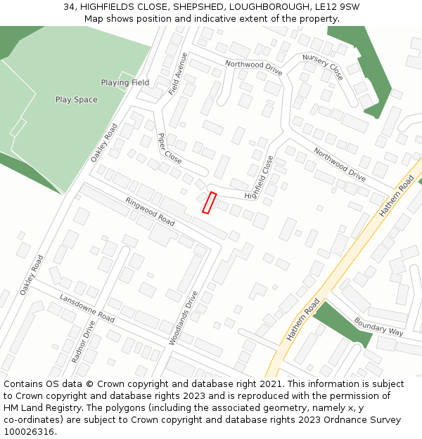 34, HIGHFIELDS CLOSE, SHEPSHED, LOUGHBOROUGH, LE12 9SW: Location map and indicative extent of plot