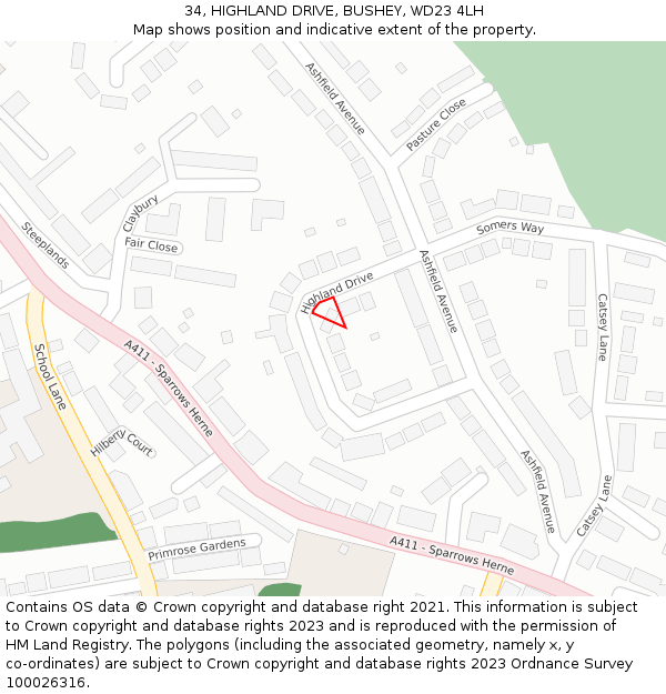 34, HIGHLAND DRIVE, BUSHEY, WD23 4LH: Location map and indicative extent of plot