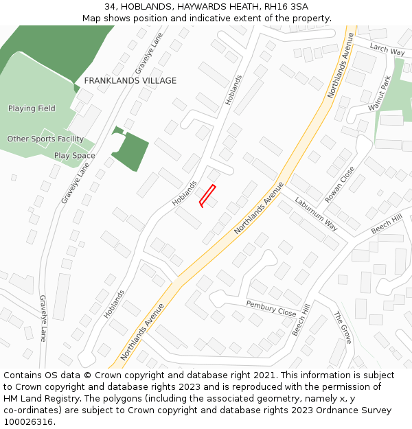 34, HOBLANDS, HAYWARDS HEATH, RH16 3SA: Location map and indicative extent of plot