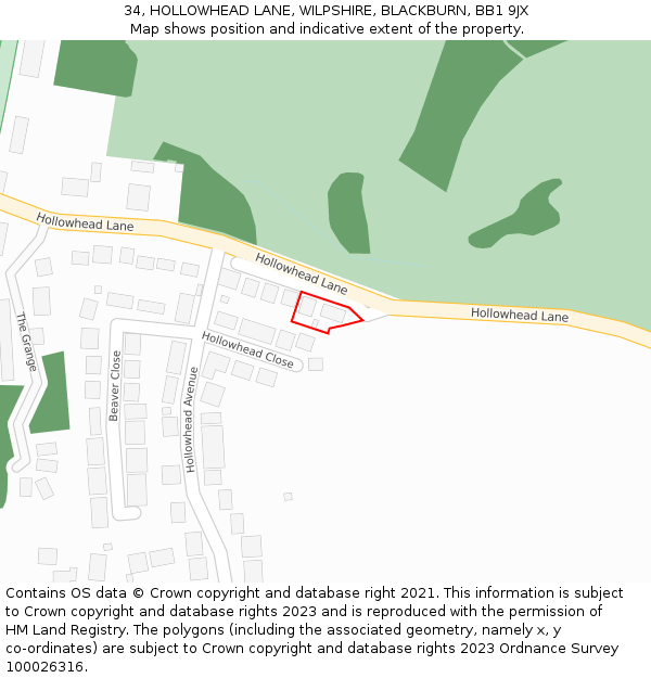 34, HOLLOWHEAD LANE, WILPSHIRE, BLACKBURN, BB1 9JX: Location map and indicative extent of plot