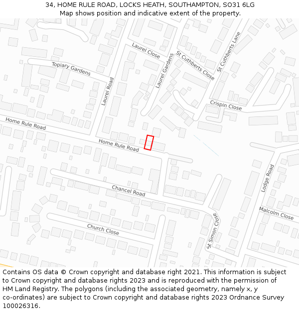 34, HOME RULE ROAD, LOCKS HEATH, SOUTHAMPTON, SO31 6LG: Location map and indicative extent of plot