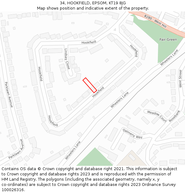 34, HOOKFIELD, EPSOM, KT19 8JG: Location map and indicative extent of plot