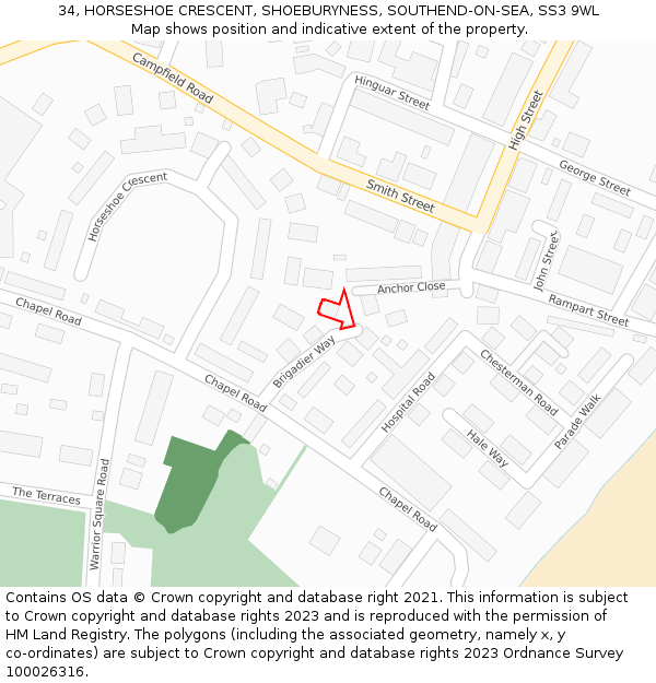 34, HORSESHOE CRESCENT, SHOEBURYNESS, SOUTHEND-ON-SEA, SS3 9WL: Location map and indicative extent of plot