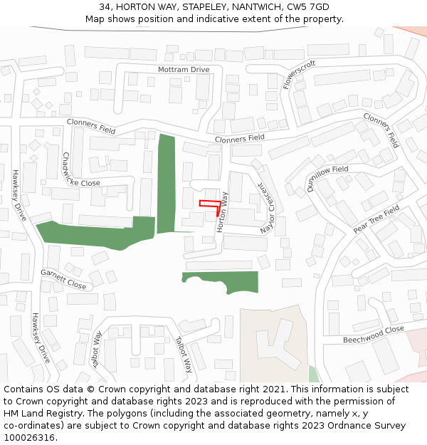 34, HORTON WAY, STAPELEY, NANTWICH, CW5 7GD: Location map and indicative extent of plot