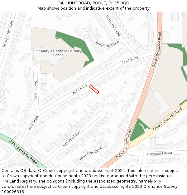 34, HUNT ROAD, POOLE, BH15 3QD: Location map and indicative extent of plot