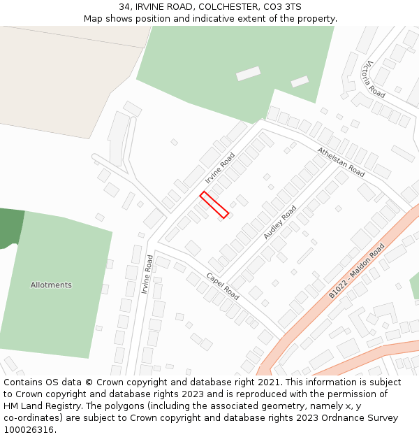 34, IRVINE ROAD, COLCHESTER, CO3 3TS: Location map and indicative extent of plot