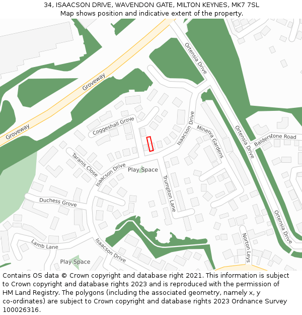 34, ISAACSON DRIVE, WAVENDON GATE, MILTON KEYNES, MK7 7SL: Location map and indicative extent of plot