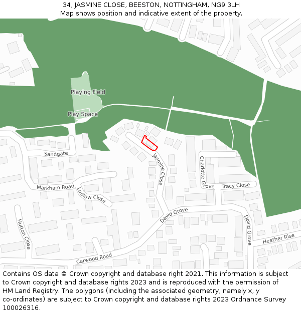 34, JASMINE CLOSE, BEESTON, NOTTINGHAM, NG9 3LH: Location map and indicative extent of plot