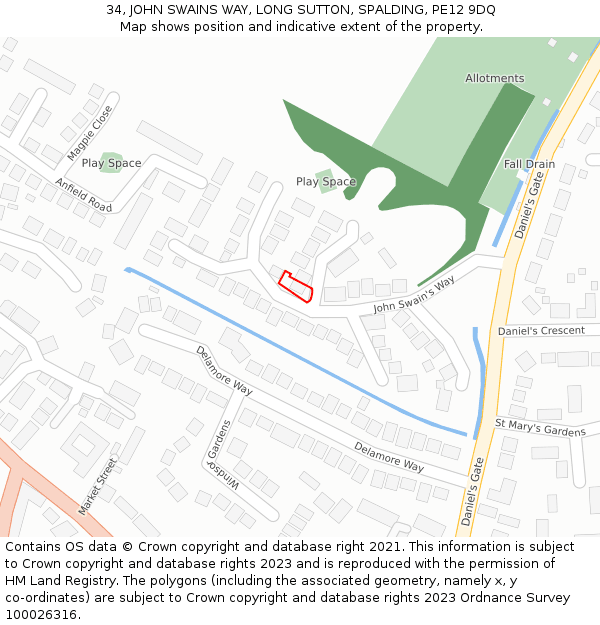 34, JOHN SWAINS WAY, LONG SUTTON, SPALDING, PE12 9DQ: Location map and indicative extent of plot