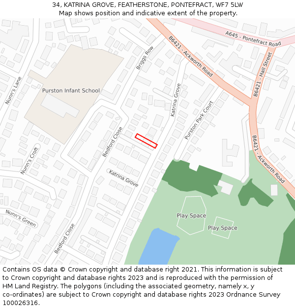 34, KATRINA GROVE, FEATHERSTONE, PONTEFRACT, WF7 5LW: Location map and indicative extent of plot