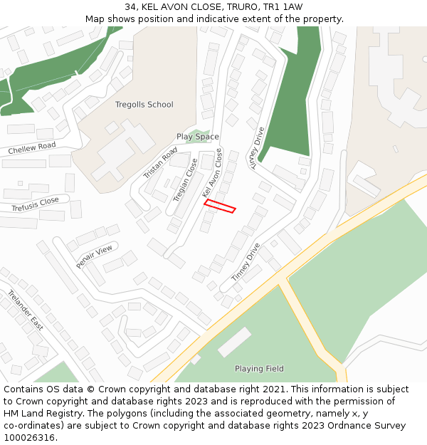 34, KEL AVON CLOSE, TRURO, TR1 1AW: Location map and indicative extent of plot