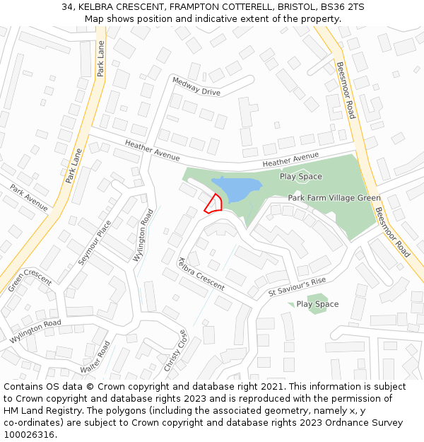 34, KELBRA CRESCENT, FRAMPTON COTTERELL, BRISTOL, BS36 2TS: Location map and indicative extent of plot