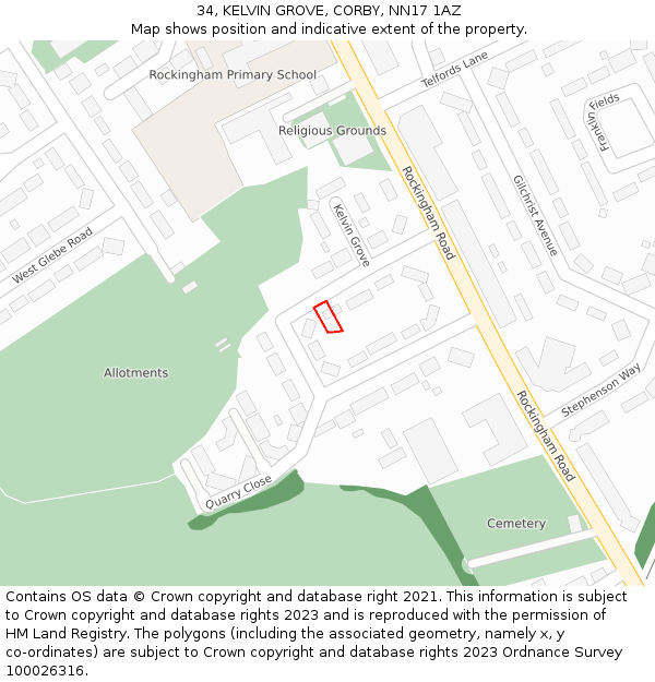 34, KELVIN GROVE, CORBY, NN17 1AZ: Location map and indicative extent of plot