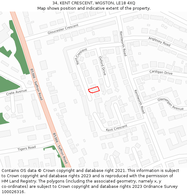 34, KENT CRESCENT, WIGSTON, LE18 4XQ: Location map and indicative extent of plot