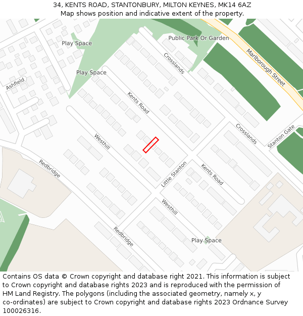 34, KENTS ROAD, STANTONBURY, MILTON KEYNES, MK14 6AZ: Location map and indicative extent of plot