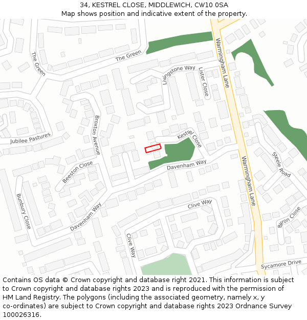 34, KESTREL CLOSE, MIDDLEWICH, CW10 0SA: Location map and indicative extent of plot