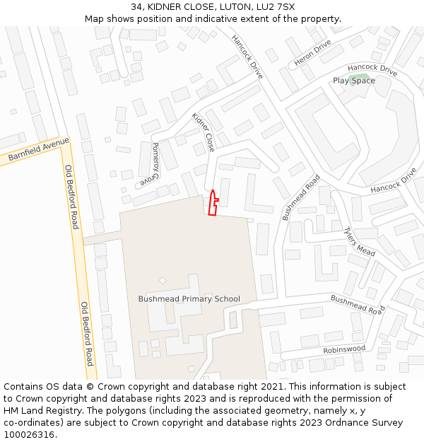 34, KIDNER CLOSE, LUTON, LU2 7SX: Location map and indicative extent of plot