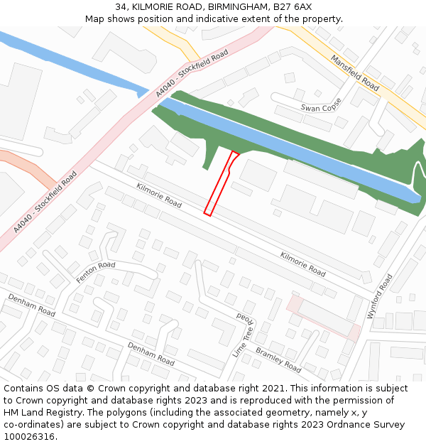 34, KILMORIE ROAD, BIRMINGHAM, B27 6AX: Location map and indicative extent of plot