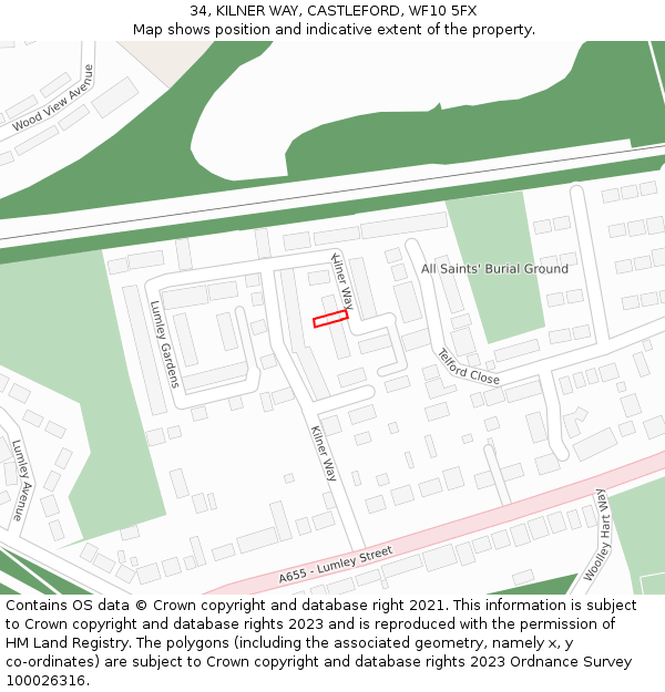 34, KILNER WAY, CASTLEFORD, WF10 5FX: Location map and indicative extent of plot