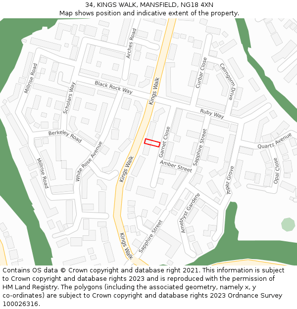 34, KINGS WALK, MANSFIELD, NG18 4XN: Location map and indicative extent of plot