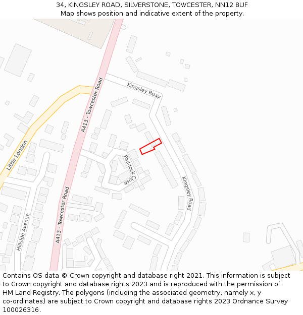 34, KINGSLEY ROAD, SILVERSTONE, TOWCESTER, NN12 8UF: Location map and indicative extent of plot