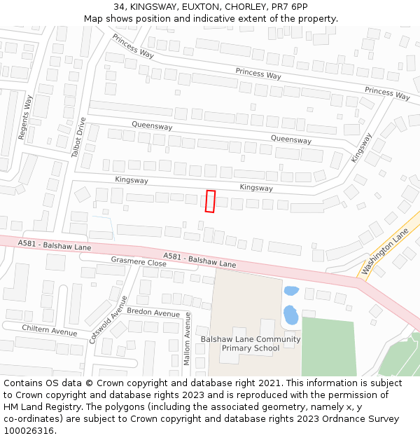 34, KINGSWAY, EUXTON, CHORLEY, PR7 6PP: Location map and indicative extent of plot