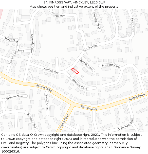 34, KINROSS WAY, HINCKLEY, LE10 0WF: Location map and indicative extent of plot