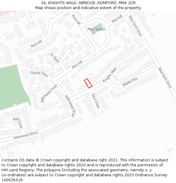 34, KNIGHTS WALK, ABRIDGE, ROMFORD, RM4 1DR: Location map and indicative extent of plot
