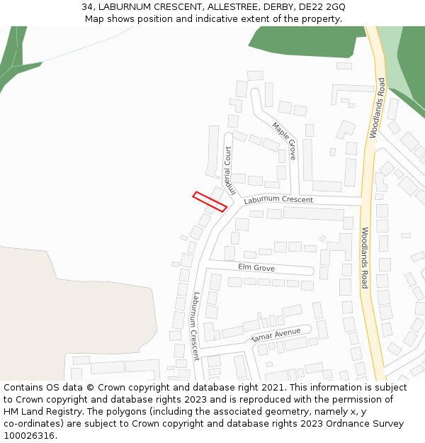 34, LABURNUM CRESCENT, ALLESTREE, DERBY, DE22 2GQ: Location map and indicative extent of plot