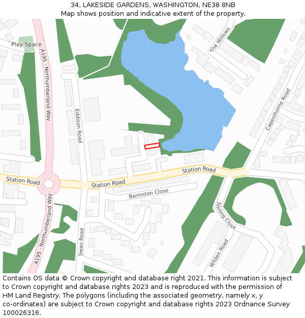 34, LAKESIDE GARDENS, WASHINGTON, NE38 8NB: Location map and indicative extent of plot