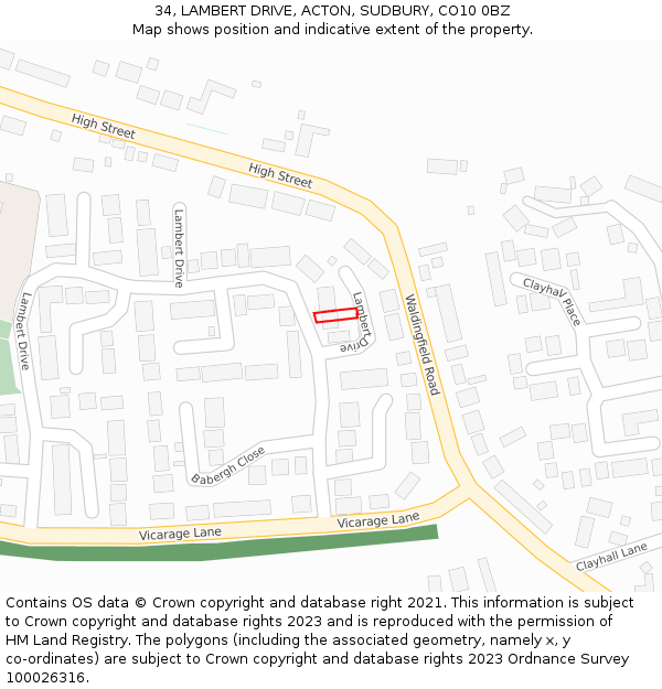 34, LAMBERT DRIVE, ACTON, SUDBURY, CO10 0BZ: Location map and indicative extent of plot