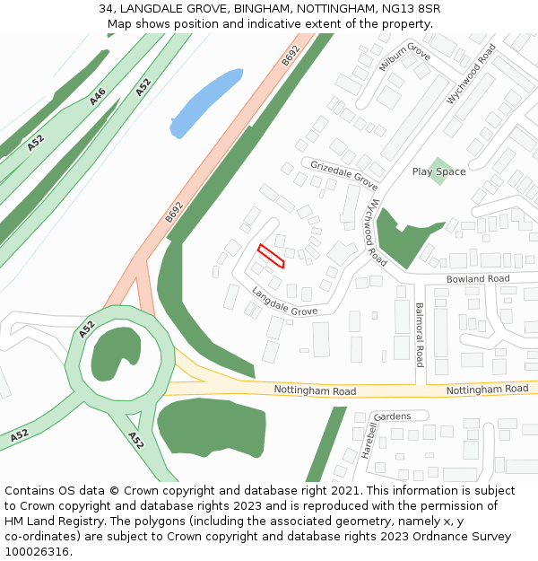 34, LANGDALE GROVE, BINGHAM, NOTTINGHAM, NG13 8SR: Location map and indicative extent of plot