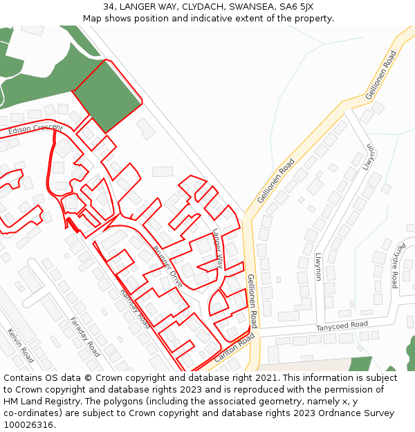 34, LANGER WAY, CLYDACH, SWANSEA, SA6 5JX: Location map and indicative extent of plot