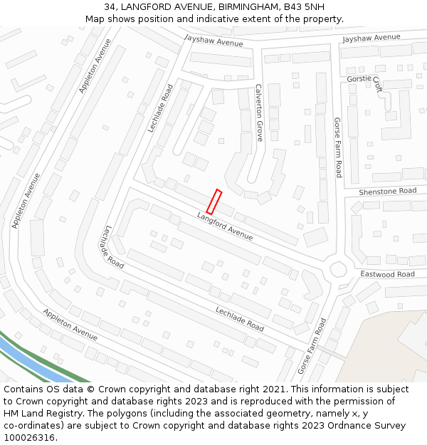 34, LANGFORD AVENUE, BIRMINGHAM, B43 5NH: Location map and indicative extent of plot