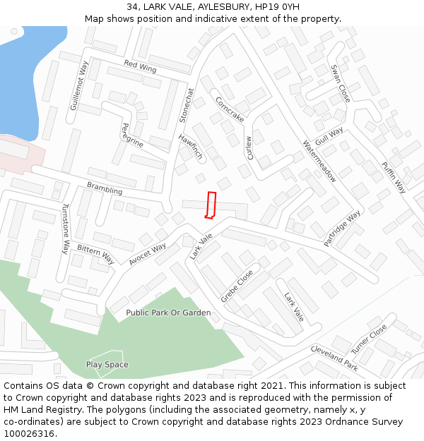 34, LARK VALE, AYLESBURY, HP19 0YH: Location map and indicative extent of plot