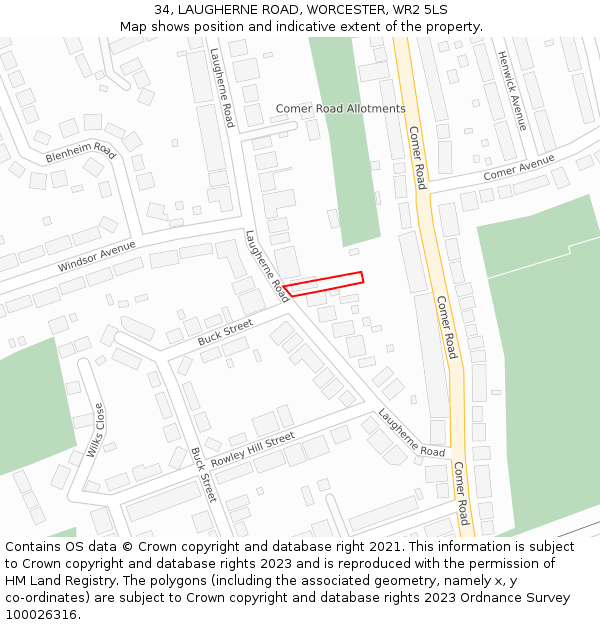 34, LAUGHERNE ROAD, WORCESTER, WR2 5LS: Location map and indicative extent of plot