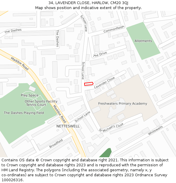 34, LAVENDER CLOSE, HARLOW, CM20 3QJ: Location map and indicative extent of plot