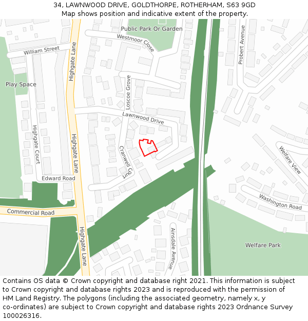 34, LAWNWOOD DRIVE, GOLDTHORPE, ROTHERHAM, S63 9GD: Location map and indicative extent of plot