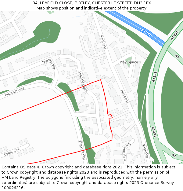 34, LEAFIELD CLOSE, BIRTLEY, CHESTER LE STREET, DH3 1RX: Location map and indicative extent of plot