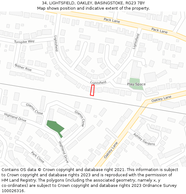 34, LIGHTSFIELD, OAKLEY, BASINGSTOKE, RG23 7BY: Location map and indicative extent of plot