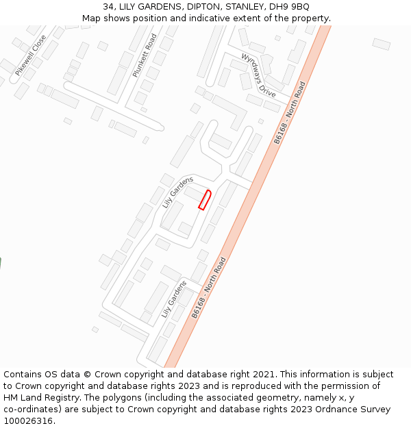 34, LILY GARDENS, DIPTON, STANLEY, DH9 9BQ: Location map and indicative extent of plot