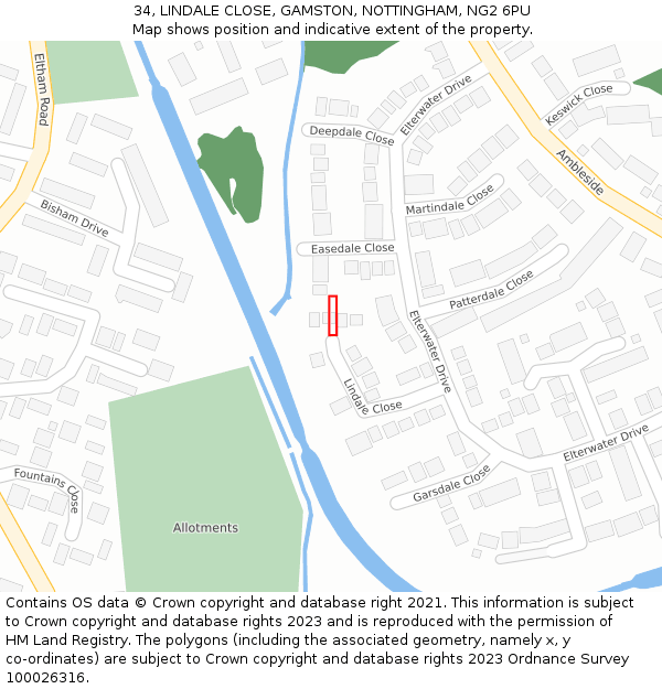 34, LINDALE CLOSE, GAMSTON, NOTTINGHAM, NG2 6PU: Location map and indicative extent of plot