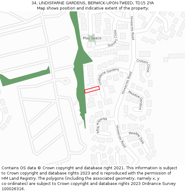 34, LINDISFARNE GARDENS, BERWICK-UPON-TWEED, TD15 2YA: Location map and indicative extent of plot