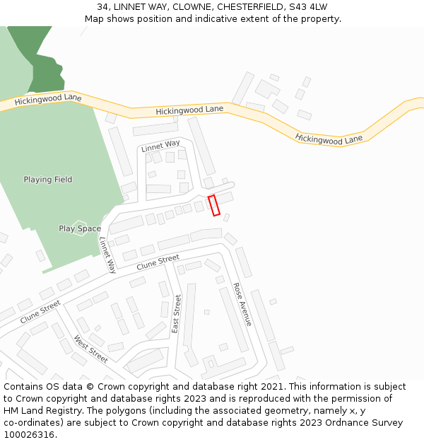 34, LINNET WAY, CLOWNE, CHESTERFIELD, S43 4LW: Location map and indicative extent of plot