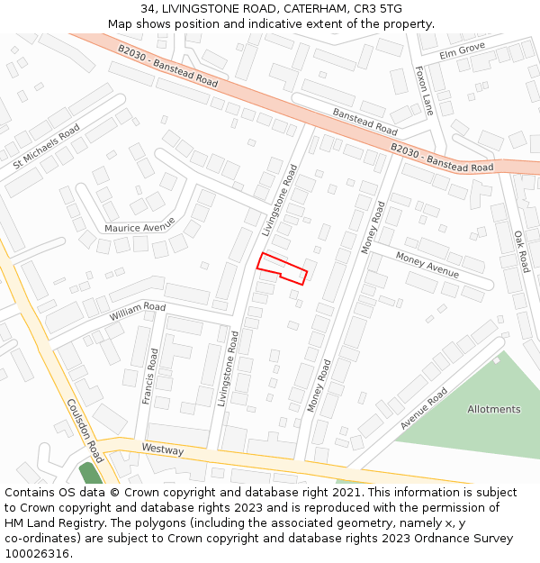 34, LIVINGSTONE ROAD, CATERHAM, CR3 5TG: Location map and indicative extent of plot