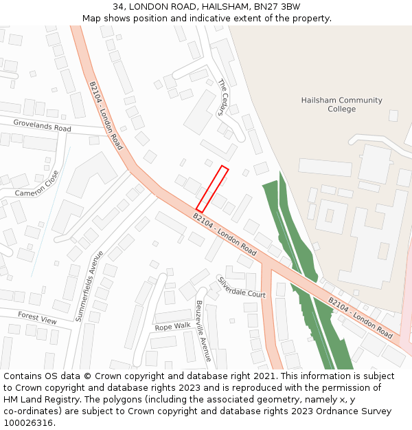 34, LONDON ROAD, HAILSHAM, BN27 3BW: Location map and indicative extent of plot