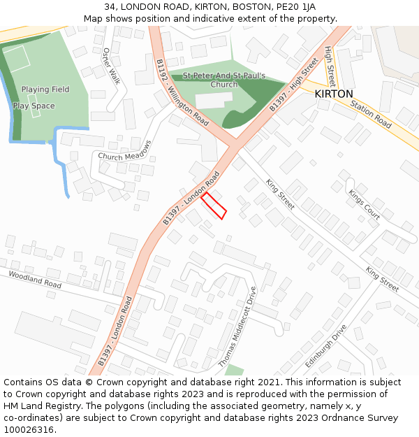 34, LONDON ROAD, KIRTON, BOSTON, PE20 1JA: Location map and indicative extent of plot