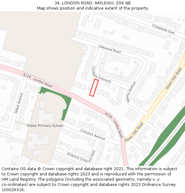 34, LONDON ROAD, RAYLEIGH, SS6 9JE: Location map and indicative extent of plot