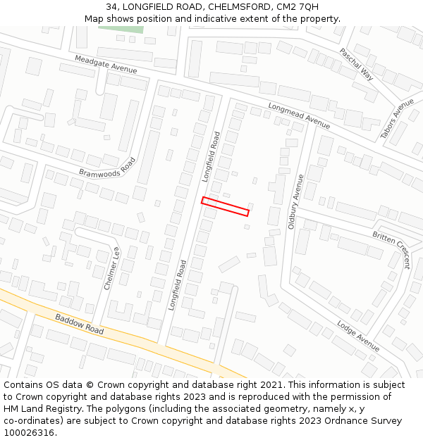 34, LONGFIELD ROAD, CHELMSFORD, CM2 7QH: Location map and indicative extent of plot